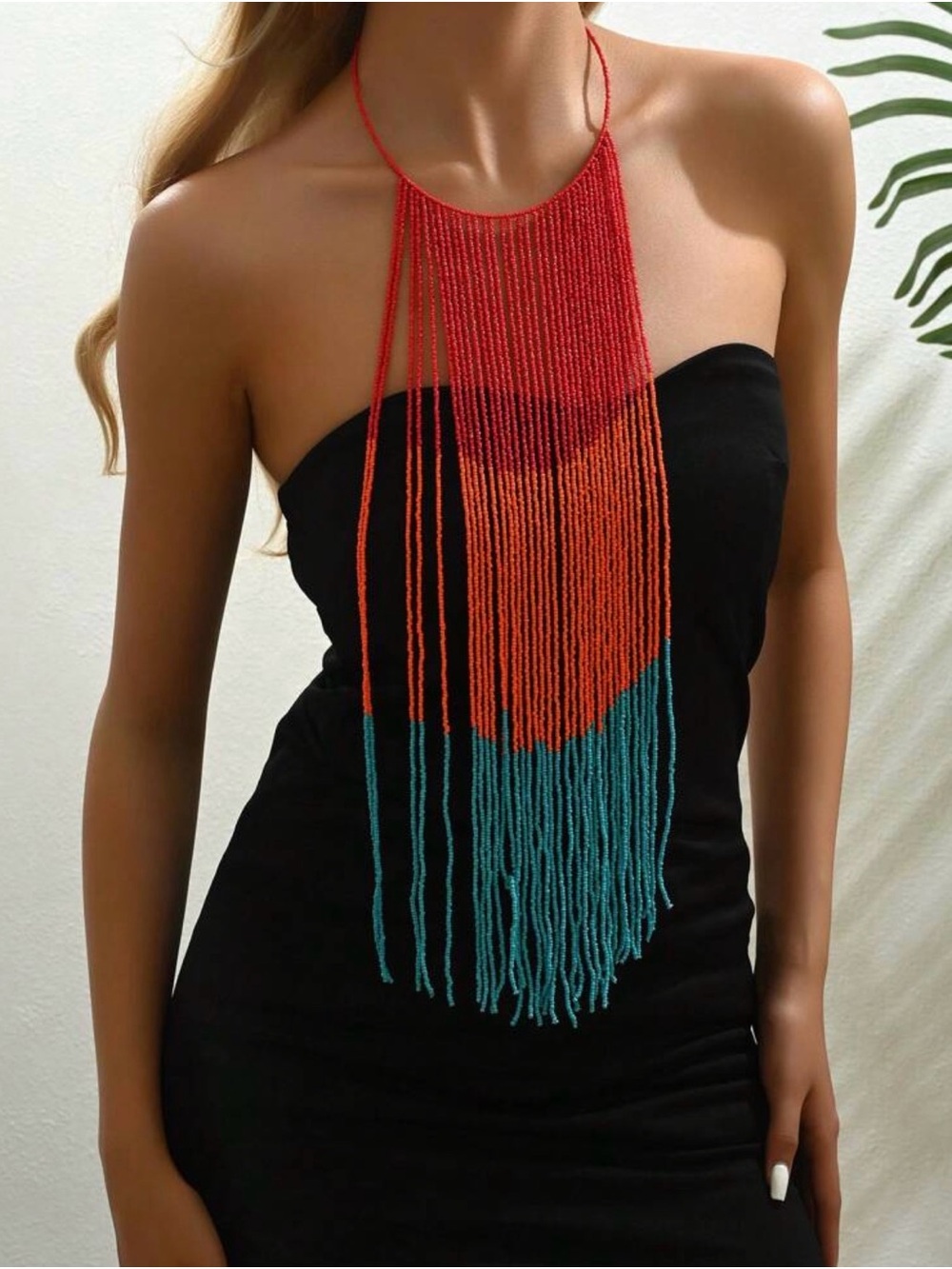 Red Orange Teal Beaded Fringe Necklace